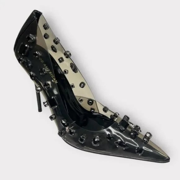 GOOD AMERICAN LIGHT SMOKE BLACK JEWELED STILETTO HEEL EMMA SIZE‎ 7 New in Box - Picture 1 of 11